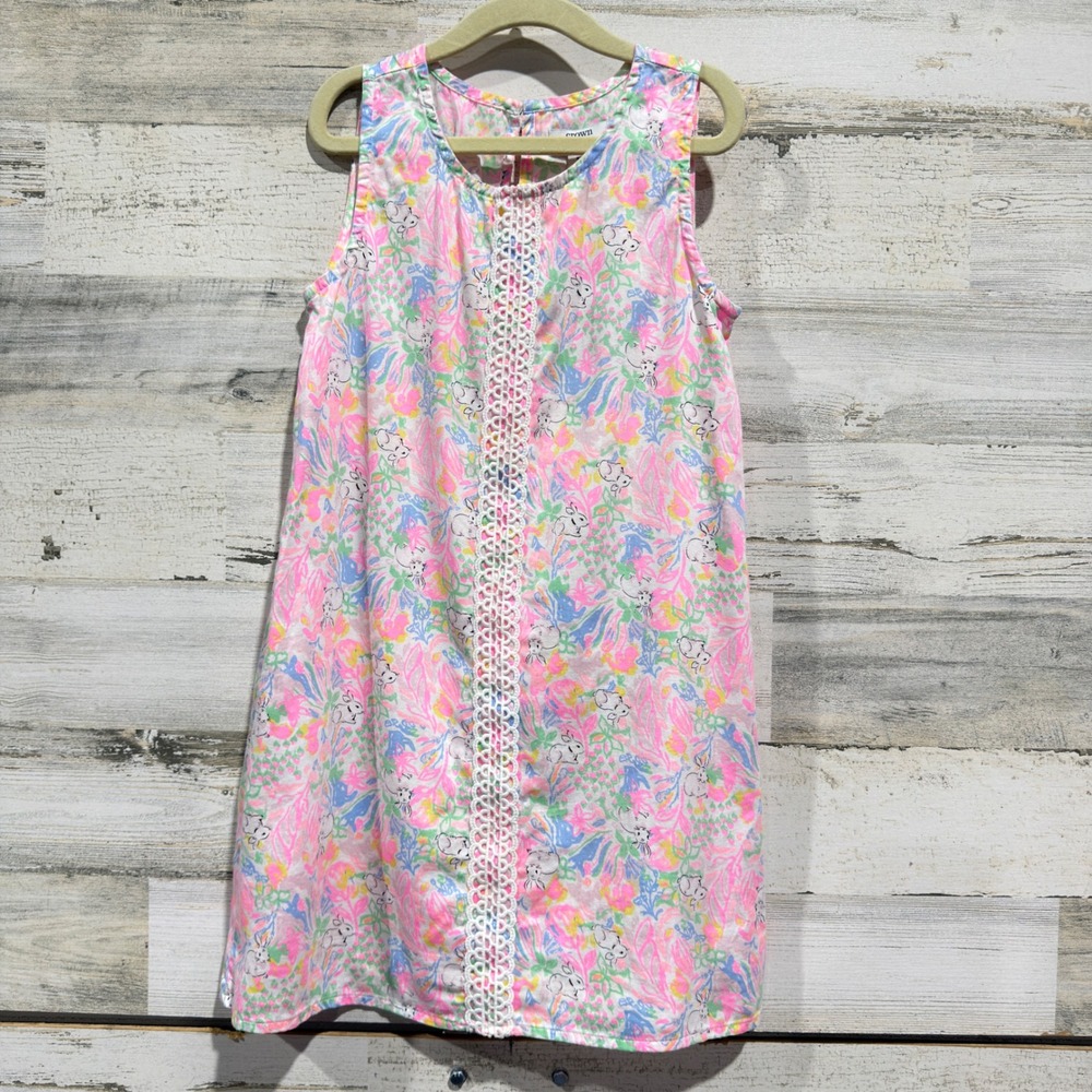 Crown & Ivy Dress Girls 6X Pink Blue Bunny Floral Lace Trim Preppy EUC